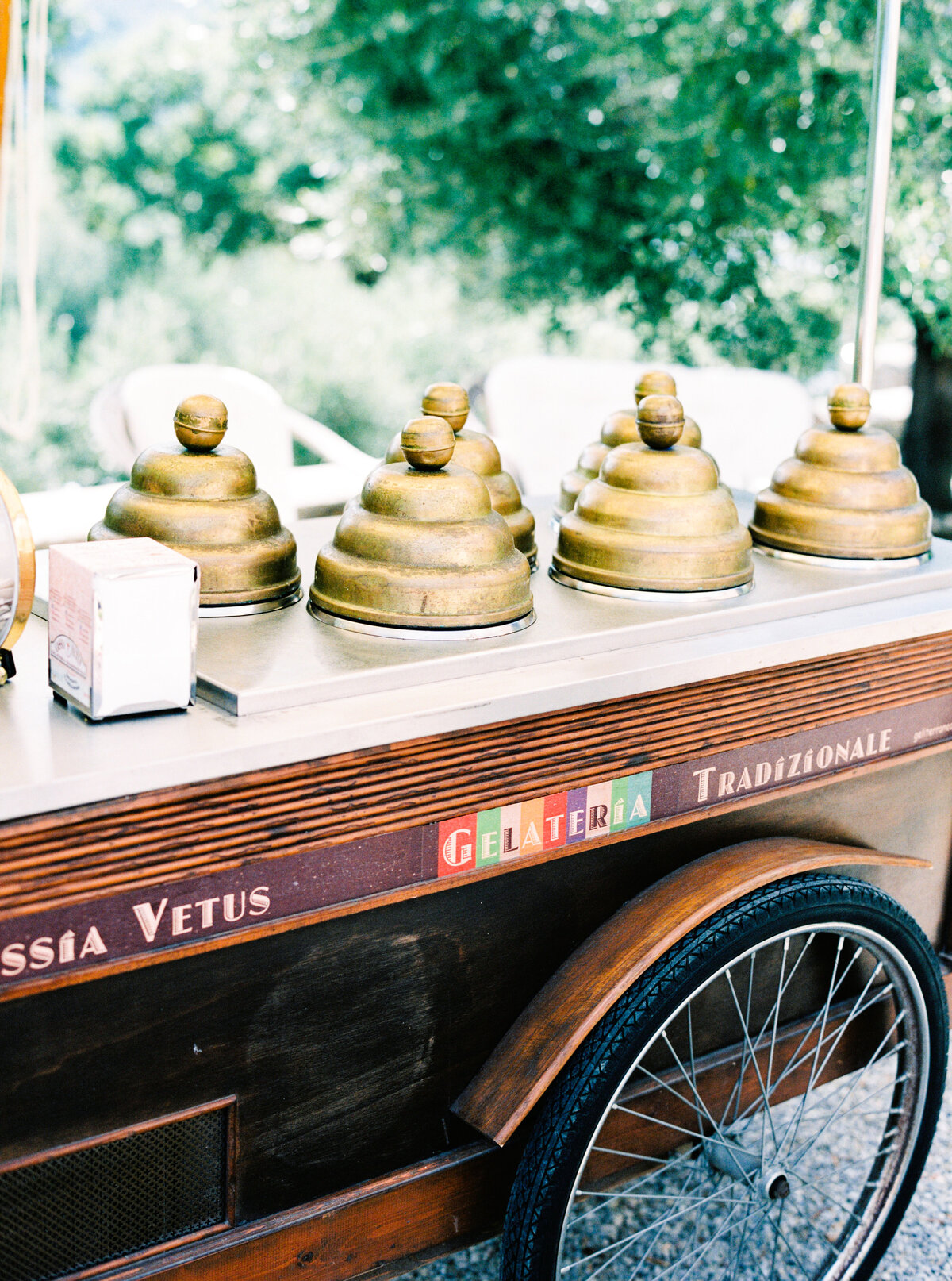 Film photograph of gelato cart at wedding photographed by Italy wedding photographer at Villa Montanare Tuscany wedding