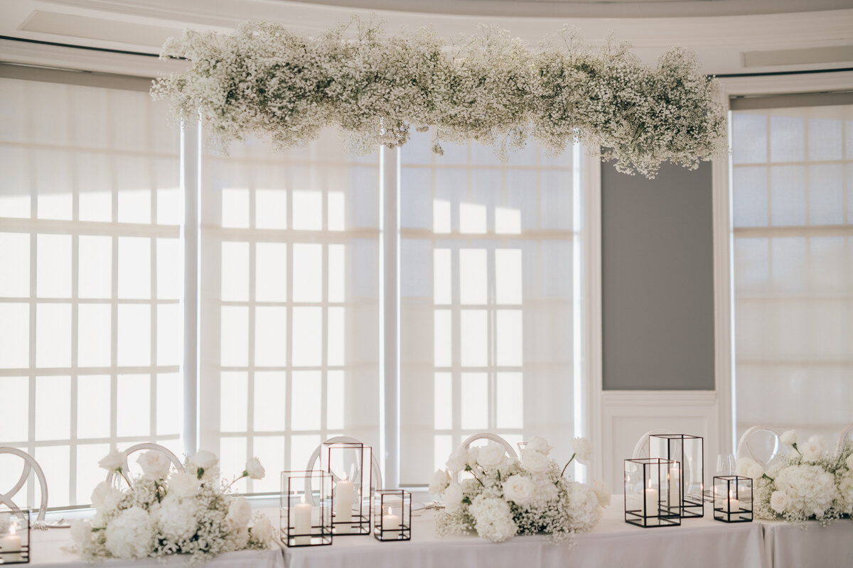 Gorgeous white wedding reception decor, florals and table settings