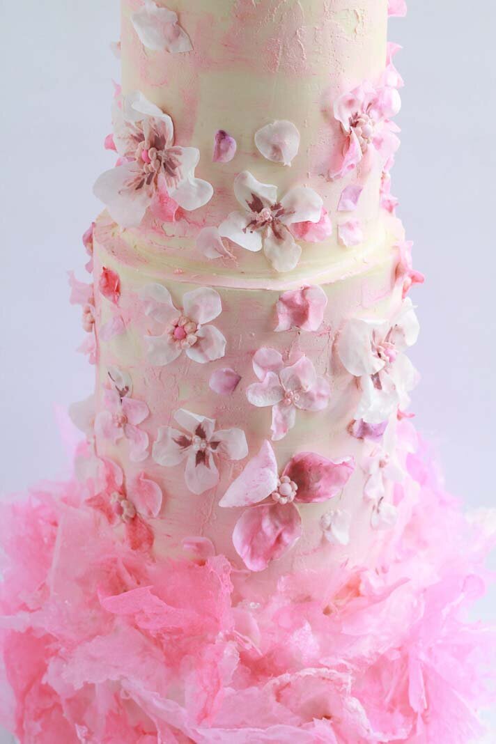 rice paper flowers, pink cake, Hamilton ON wedding cakes