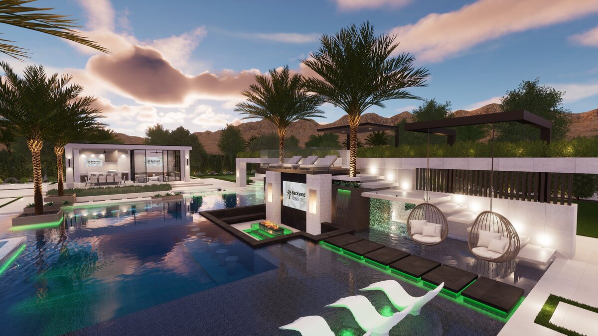 Contemporary backyard design with luxury entertainment areas and a firepit lounge area focal point.