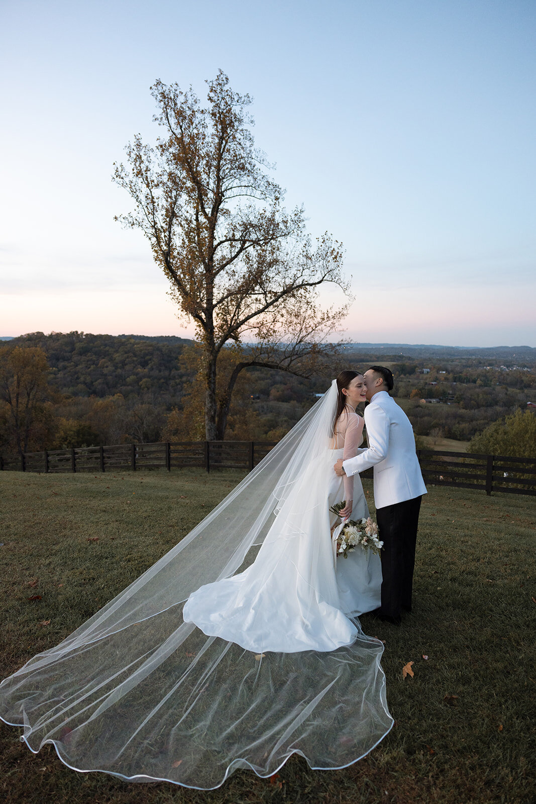 Couple kissing in front of Franklin valley in Tennessee.