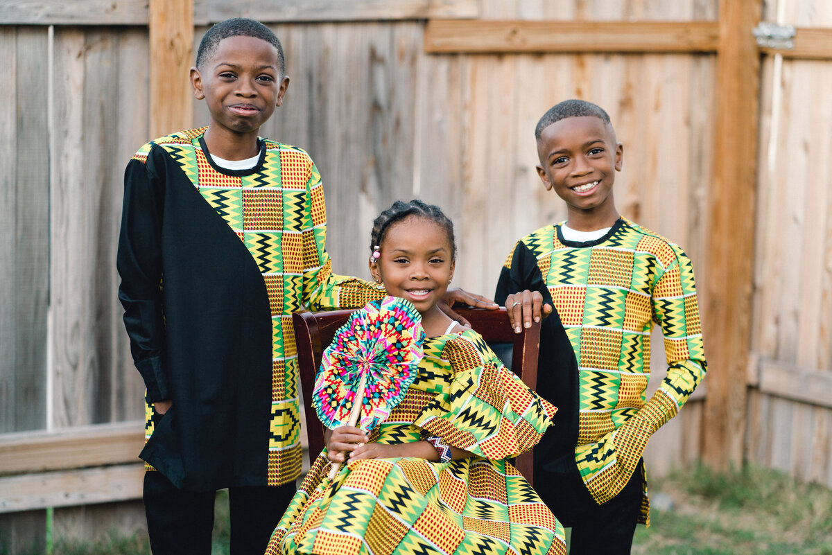Austin Texas Family photo of young African children in traditional African dress.