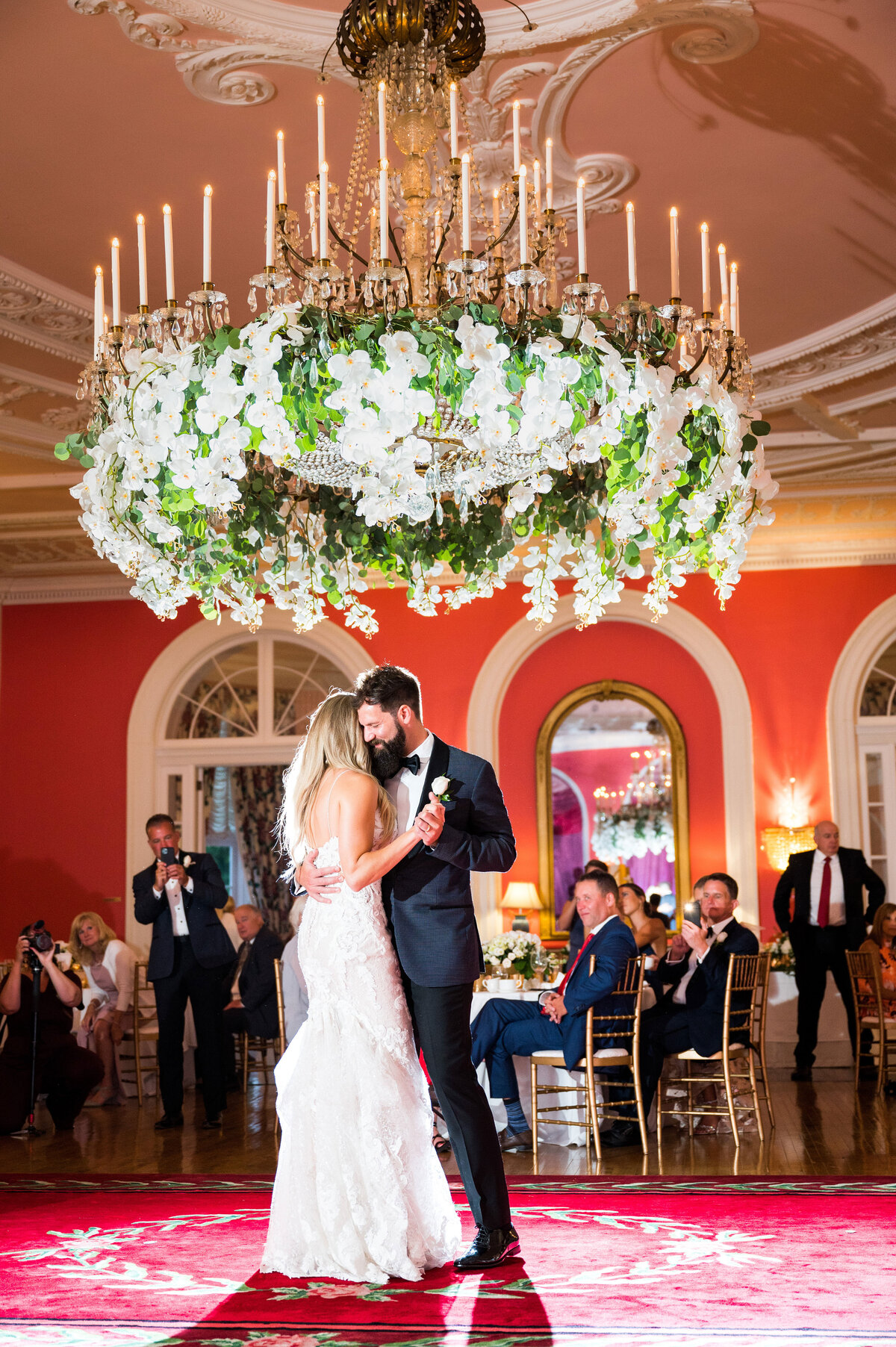 first dance in the cameo ballroom at greenbrier resort under chandelier