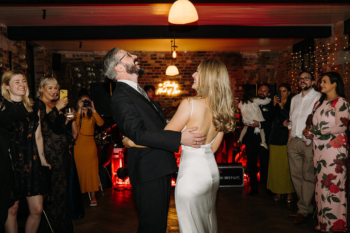 Bride and groom dancing on the dance floor at their wedding at Roberta's in Dublin, Ireland