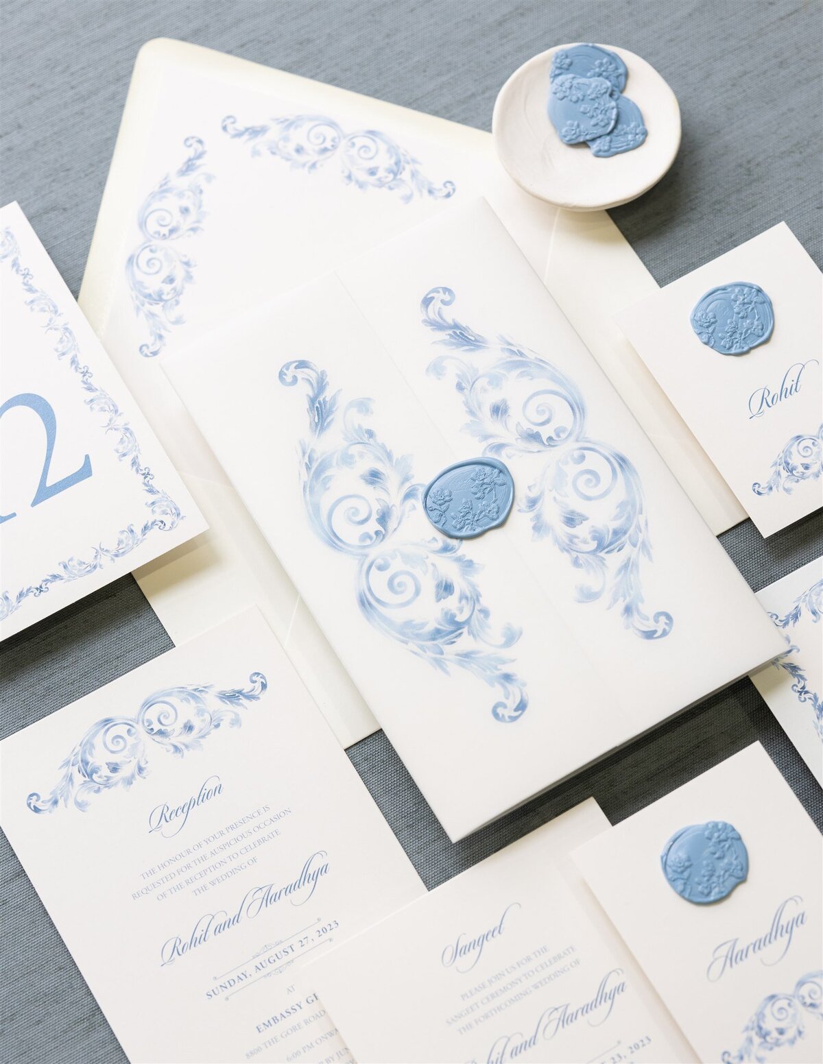 Dusty blue & ivory Hindu wedding invitation 3