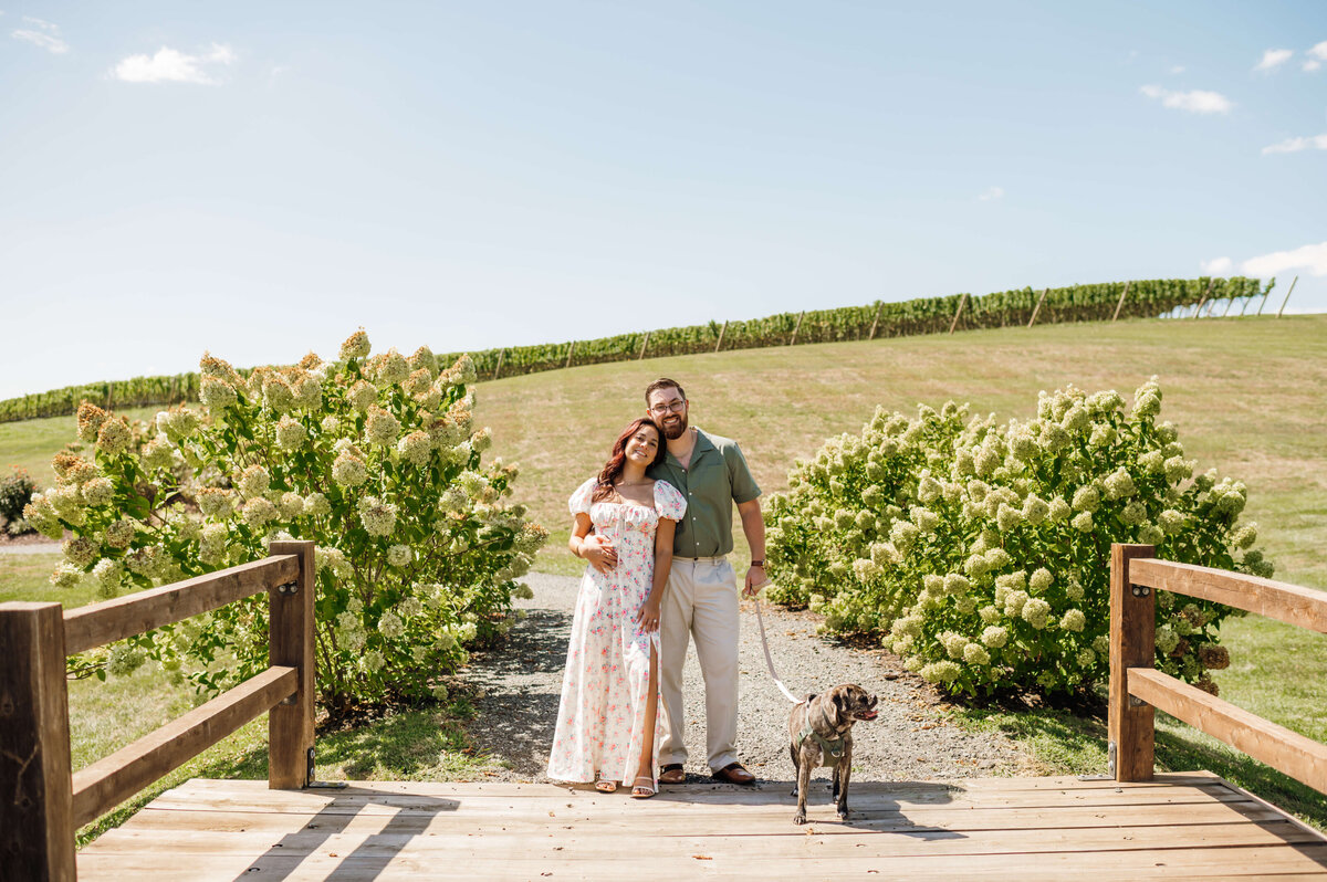 engagement photos with dogs with man and woman and their dog standing together on a bridge in front of a hill with a vineyard at the top of the hill captured by Charlottesville wedding photographer