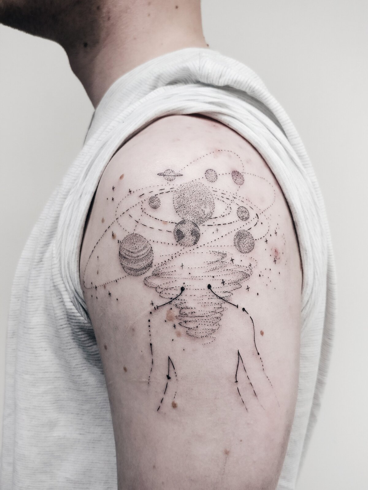 Fine Line tattoo,, abstract tattoo, cosmos tattoo, dotwork tattoo