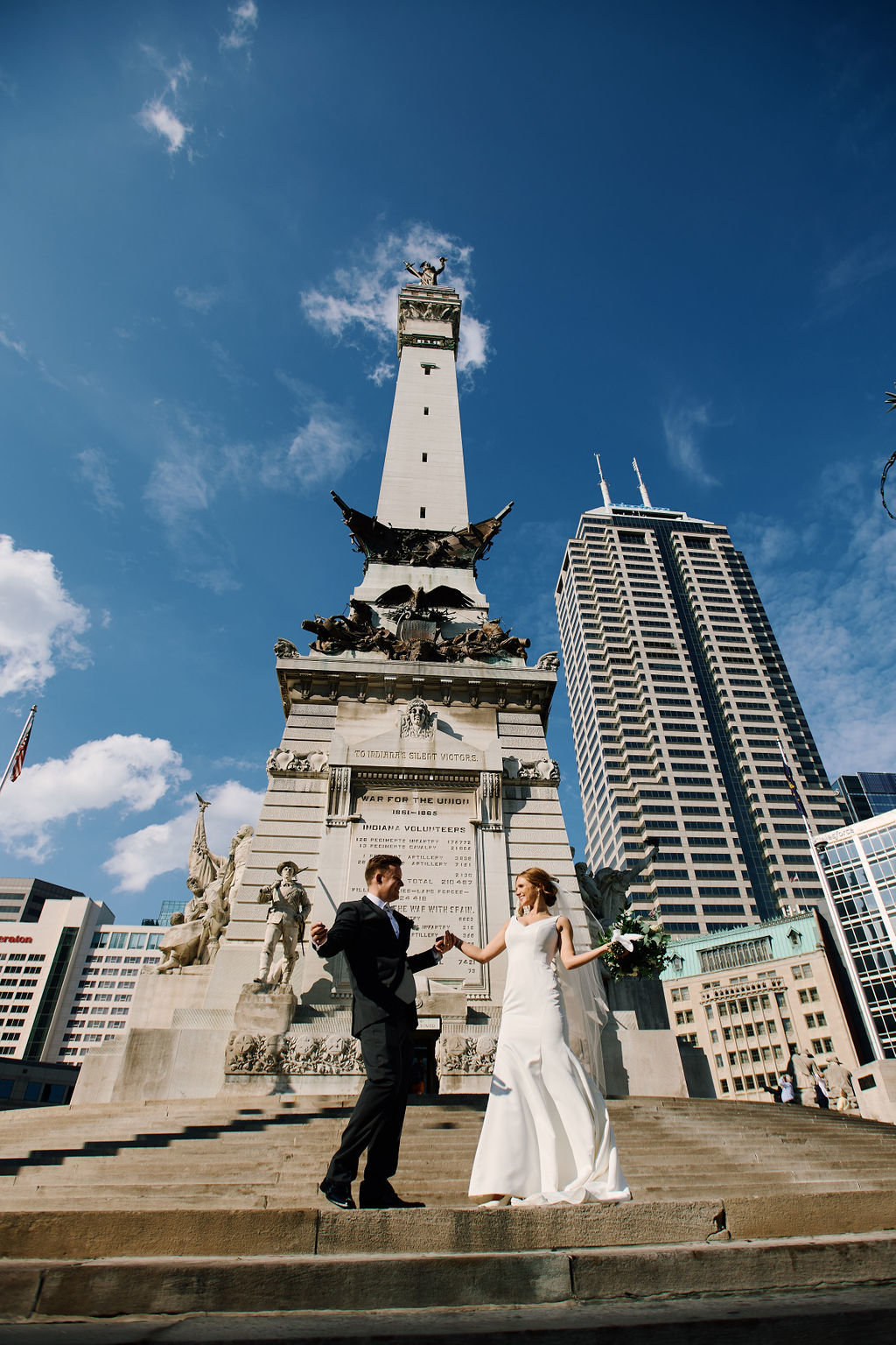 Bride and Groom at the Circle in Indianapolis