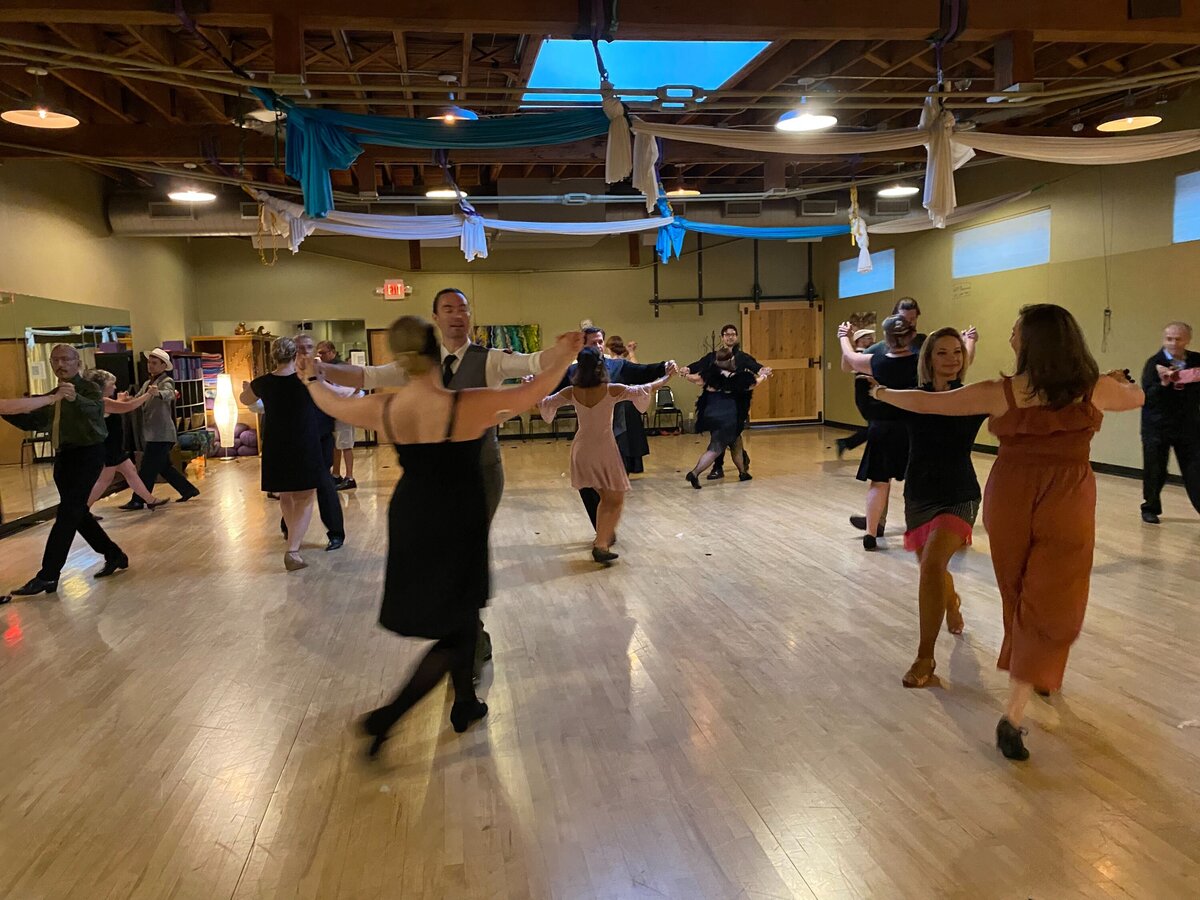 A practice dance party taking place at Dancers Studio.