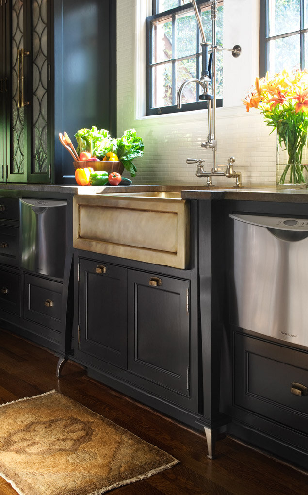 Panageries Residential Interior Design | Tudor Revival Estate Farmhouse Sink with a Rustic Feel
