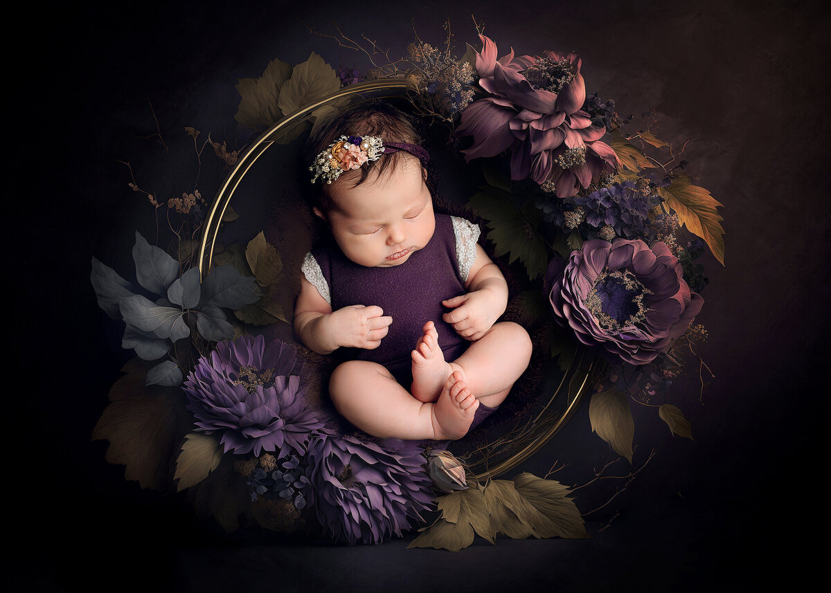 sleeping newborn girl wearing purple outfit posed on wreath of purple flowers