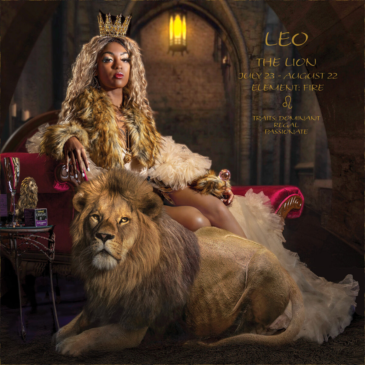 JAILYN BRYANT LEO SHOOT WITH CROWN ON SETTEE AND LION TALLER