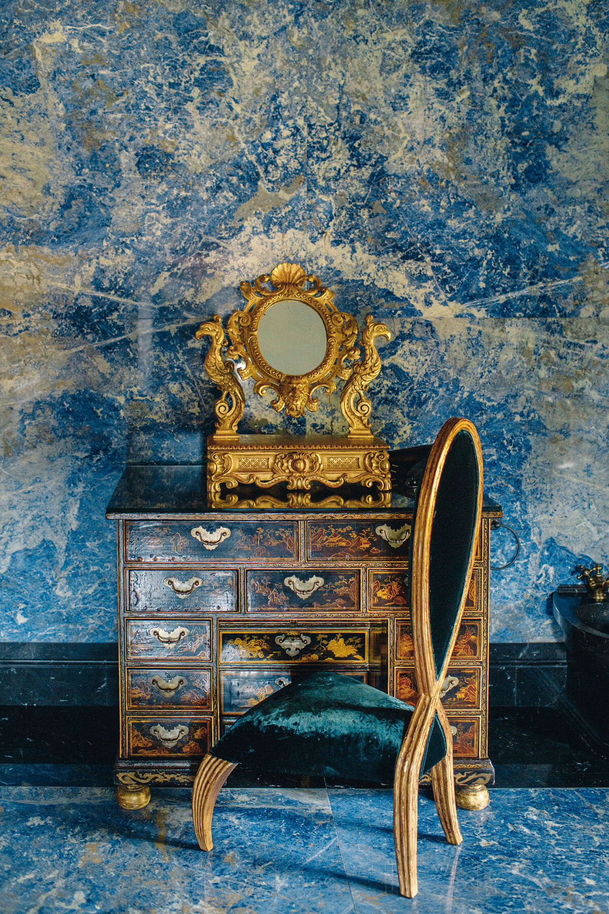 Red Suite bathroom detail antique vanity table Sothebys Villa Balbiano