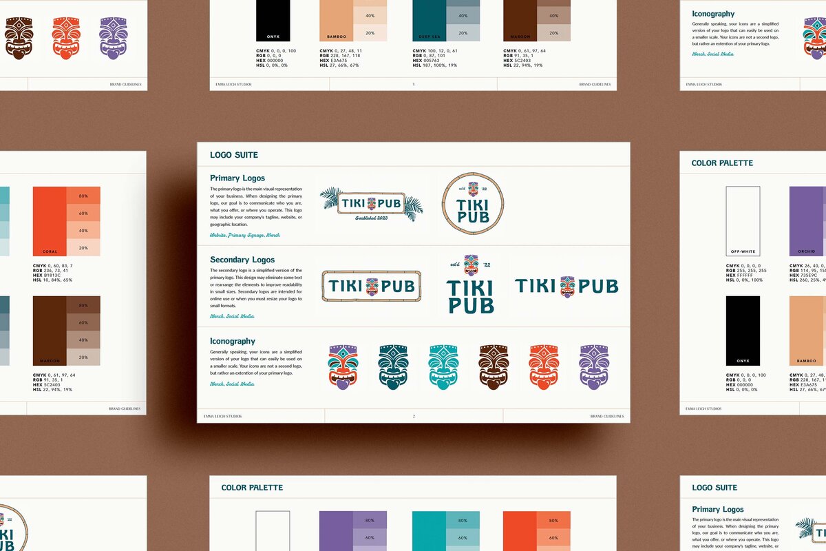 Mock-up of brand guidelines and standards, including color palettes, logo types, and other brand standards.