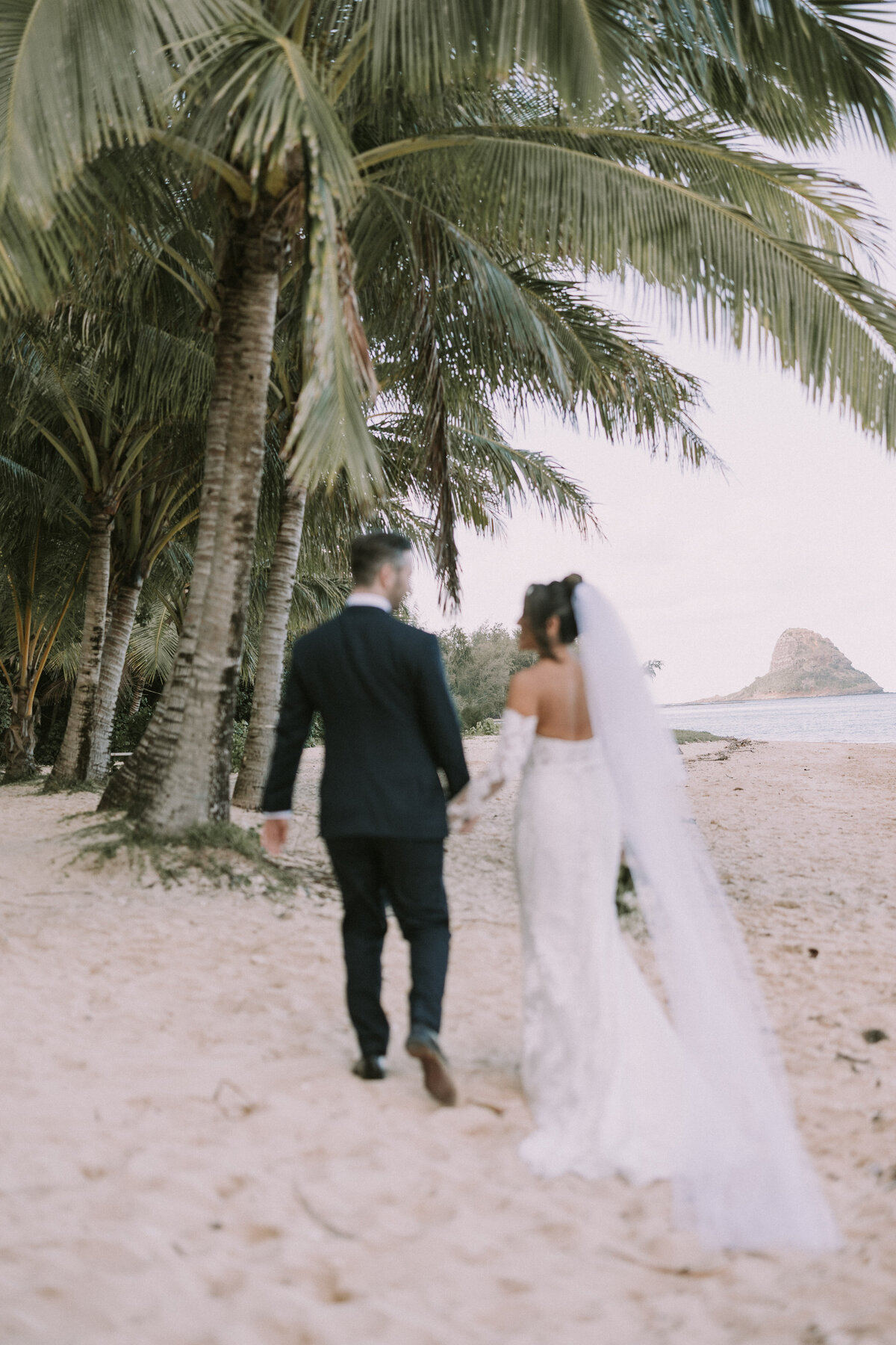 Bride and groom walking down the beach towards palm trees