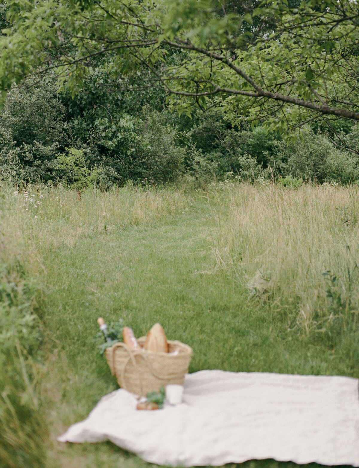 Straw market tote on linen blanket, meadow picnic, lush Michigan meadow, film lifestyle branding product photography for candle company Detroit Rose
