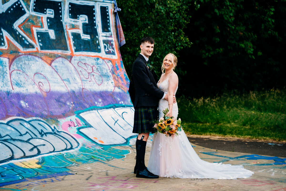 Skatepark wedding pictures with couple