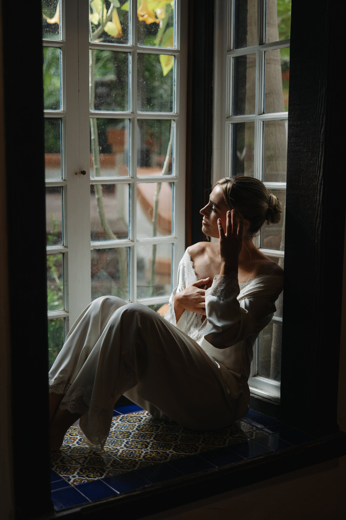 bride looking out window, bridal pajamas