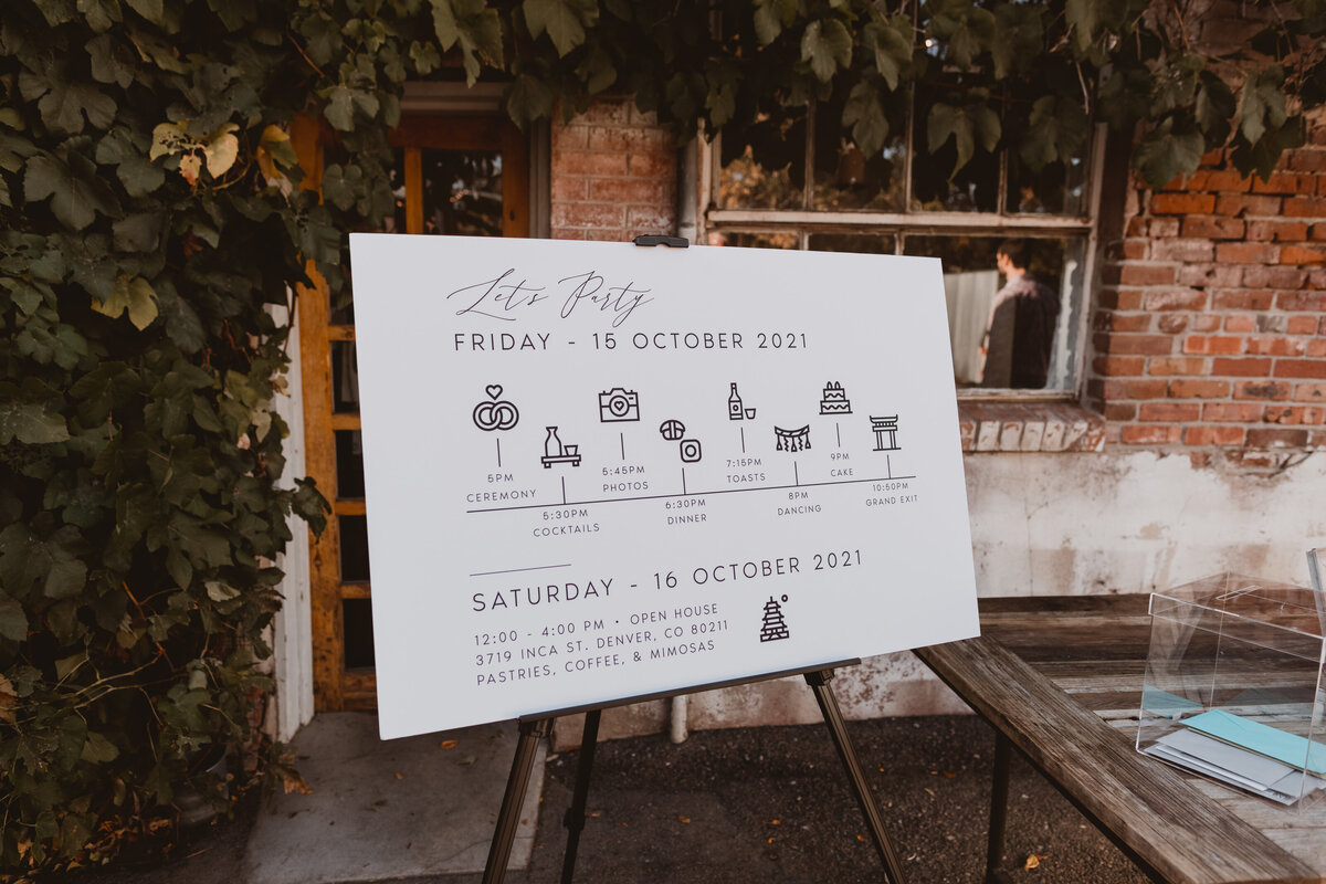 Wedding day program sign on an easel at Blanc in Denver Colorado.