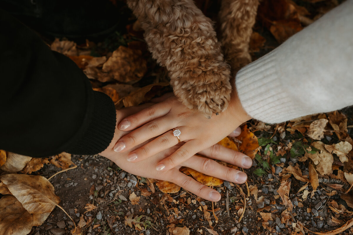 Fall couples engagement photo of the ring