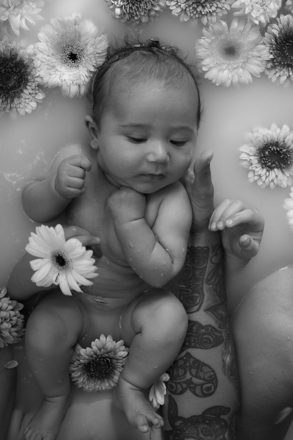 Black and white image of a baby surrounded by flowers in a milk bath