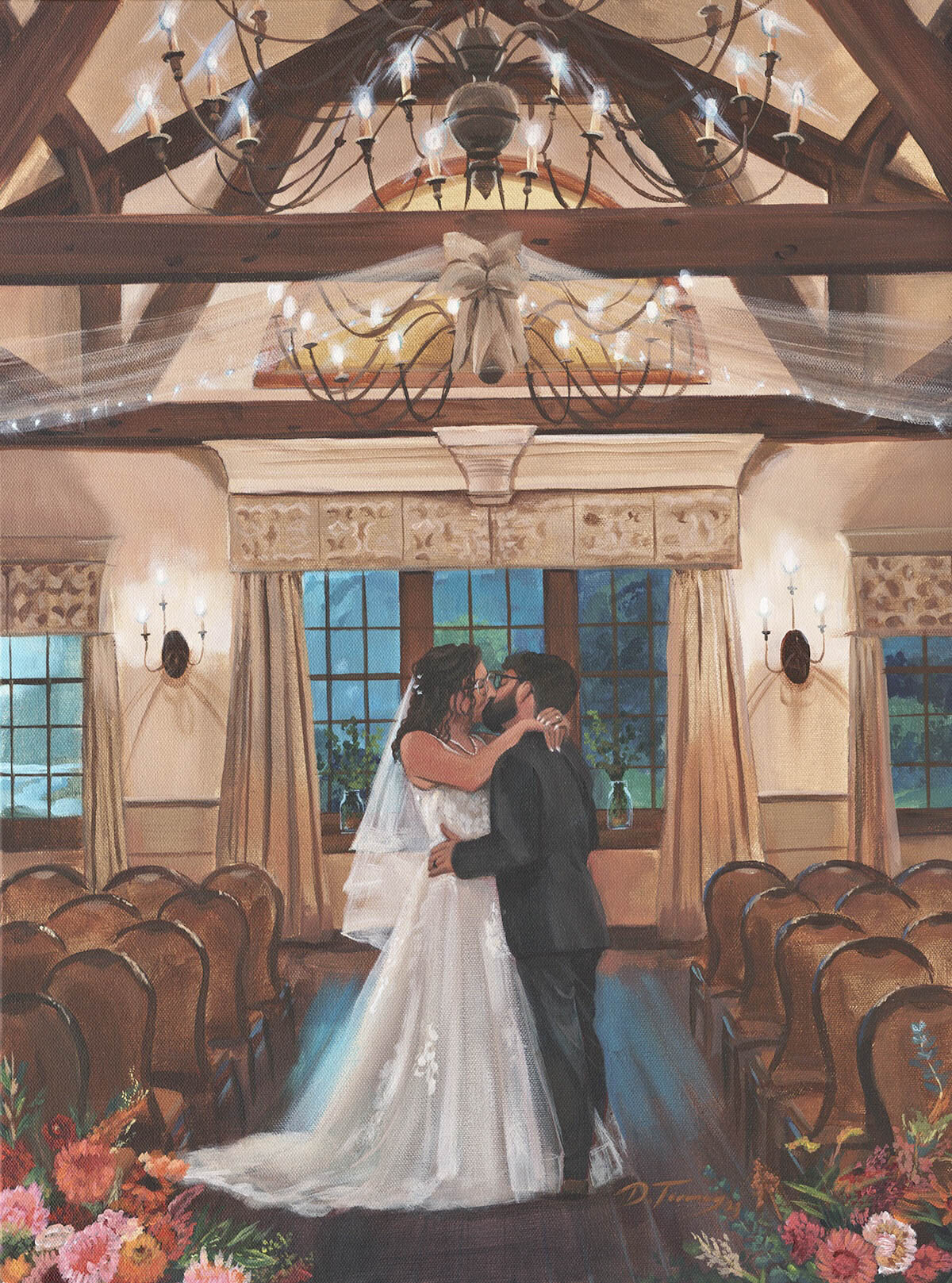 Bride and groom first kiss