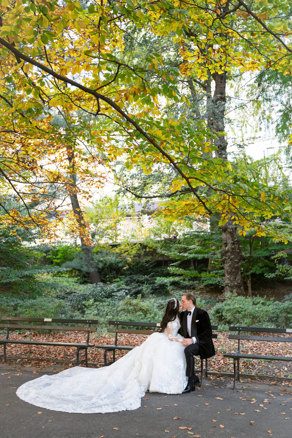 bride and groom in the park