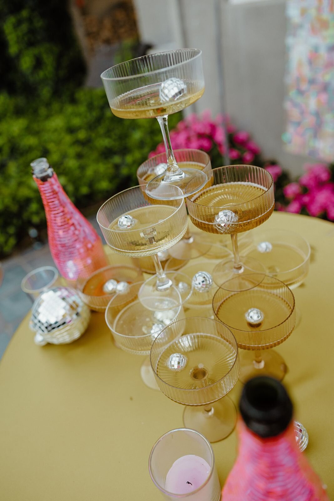 ribbed-champagne-tower-with-disco-balls