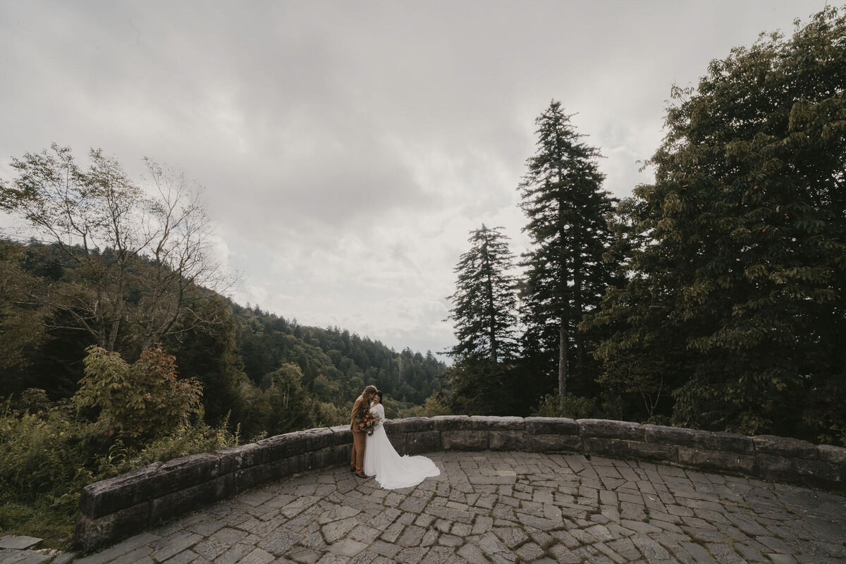 Panorama of smoky mountains with bride and groom in the center