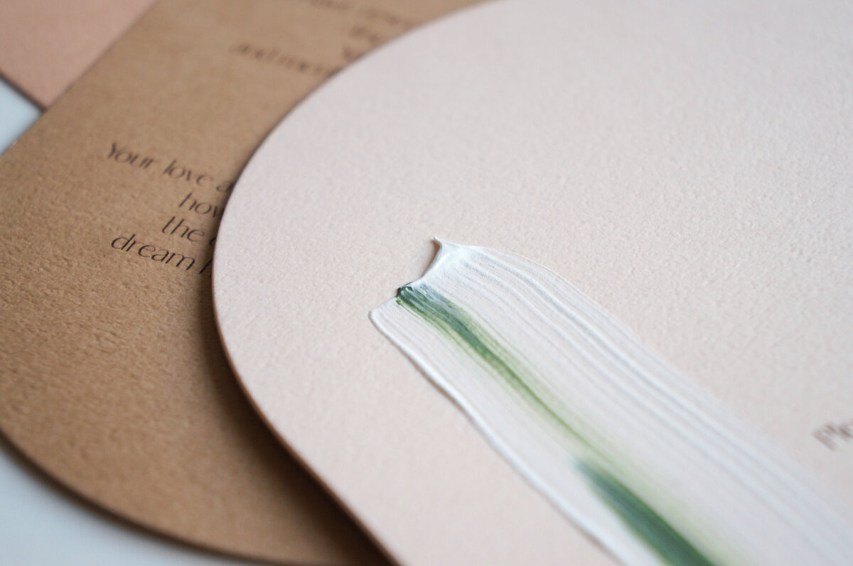 Natural green and brown unique painted wedding invite with arch shape