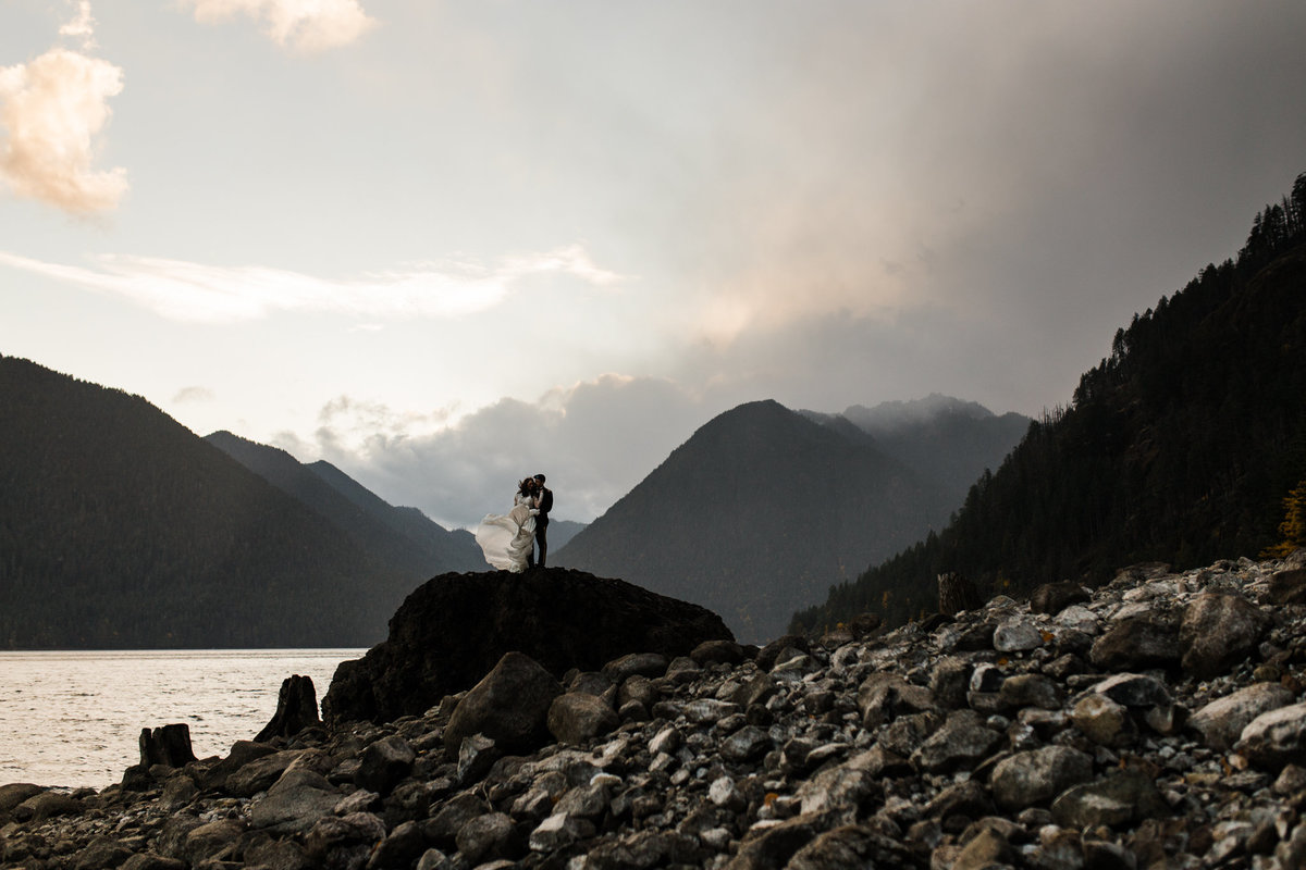 Bride and groom portrait during their elopement at Lake Crescent in the Olympic National Park in Port Angeles Washington.