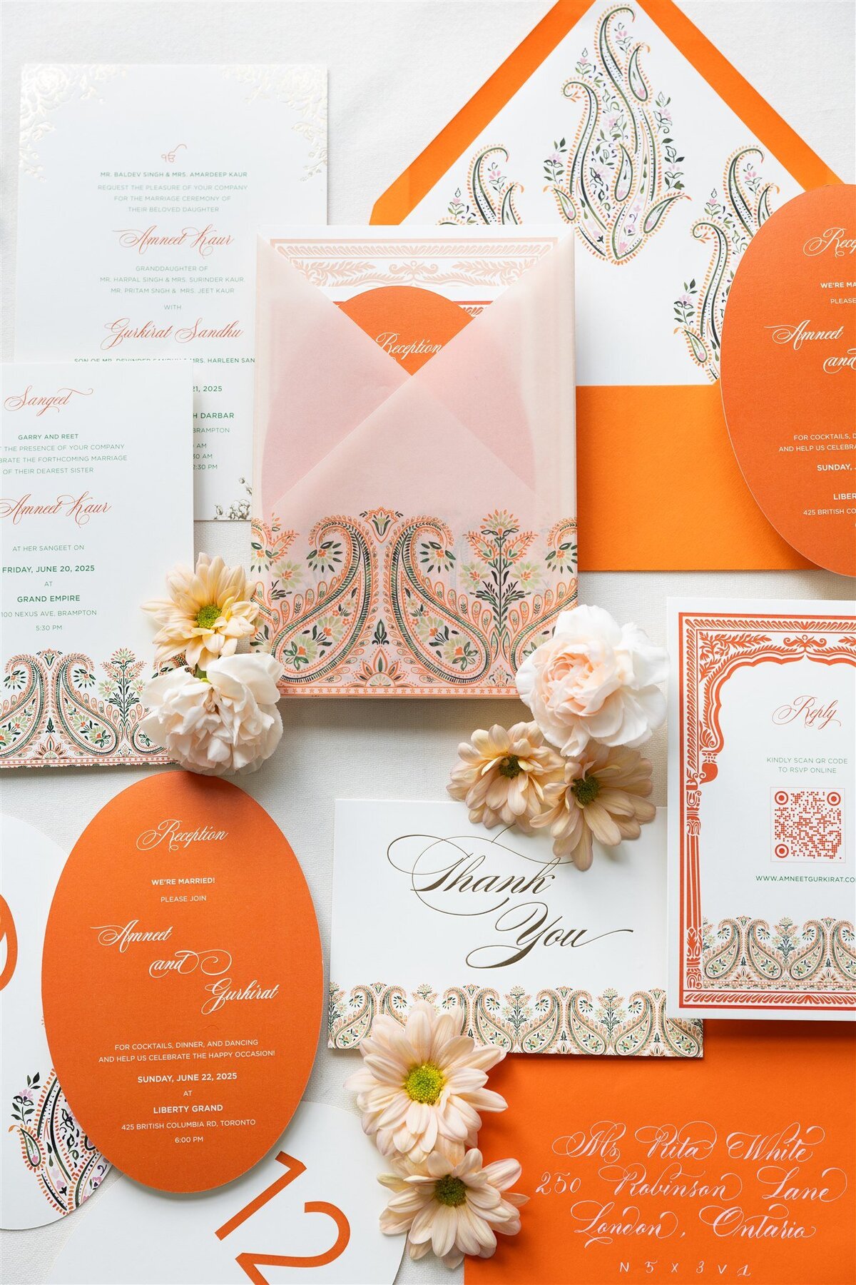 Orange paisley Indian wedding invitation 4