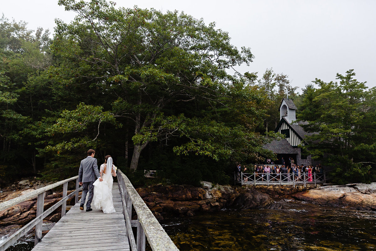 Boothbay Harbor wedding the couple heads to their Chapel by the Sea ceremony in Coastal Maine