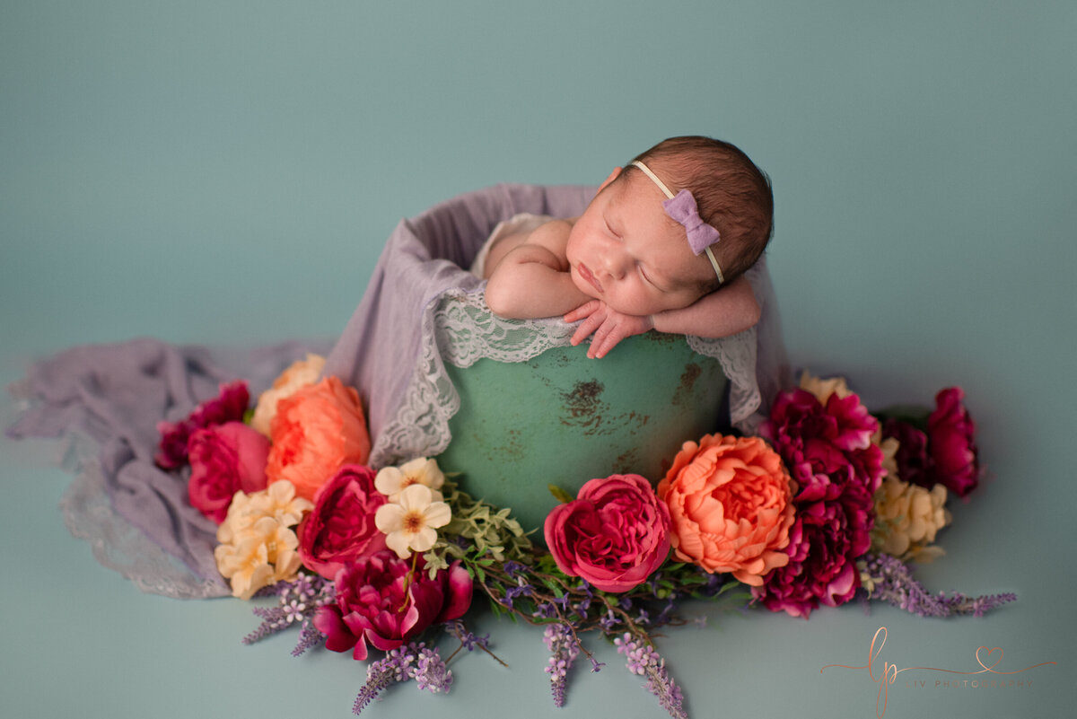 newborn girl in bucket with bright florals