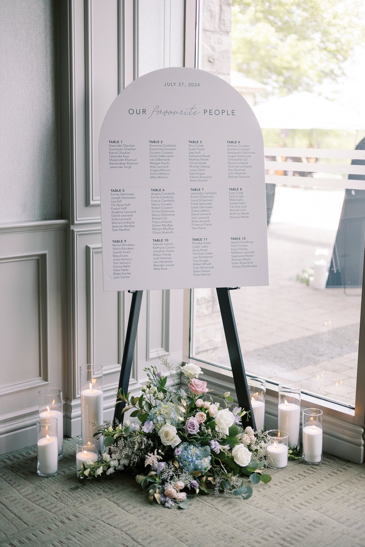 Wedding seating chart with white florals and candles