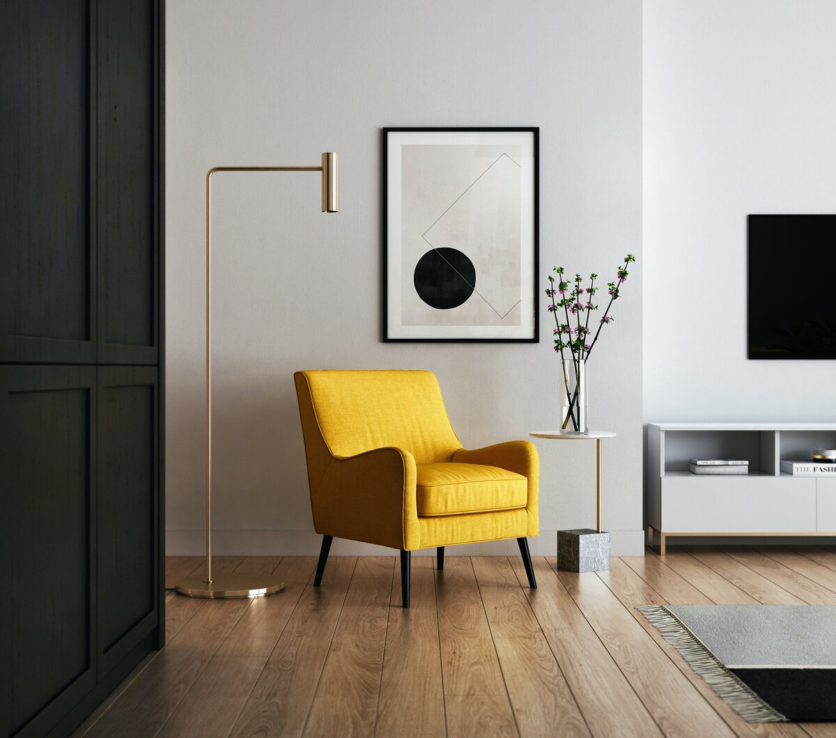 Yellow Chair in Simple Modern Living Room With Black Shelves and Brass Standing Lamp