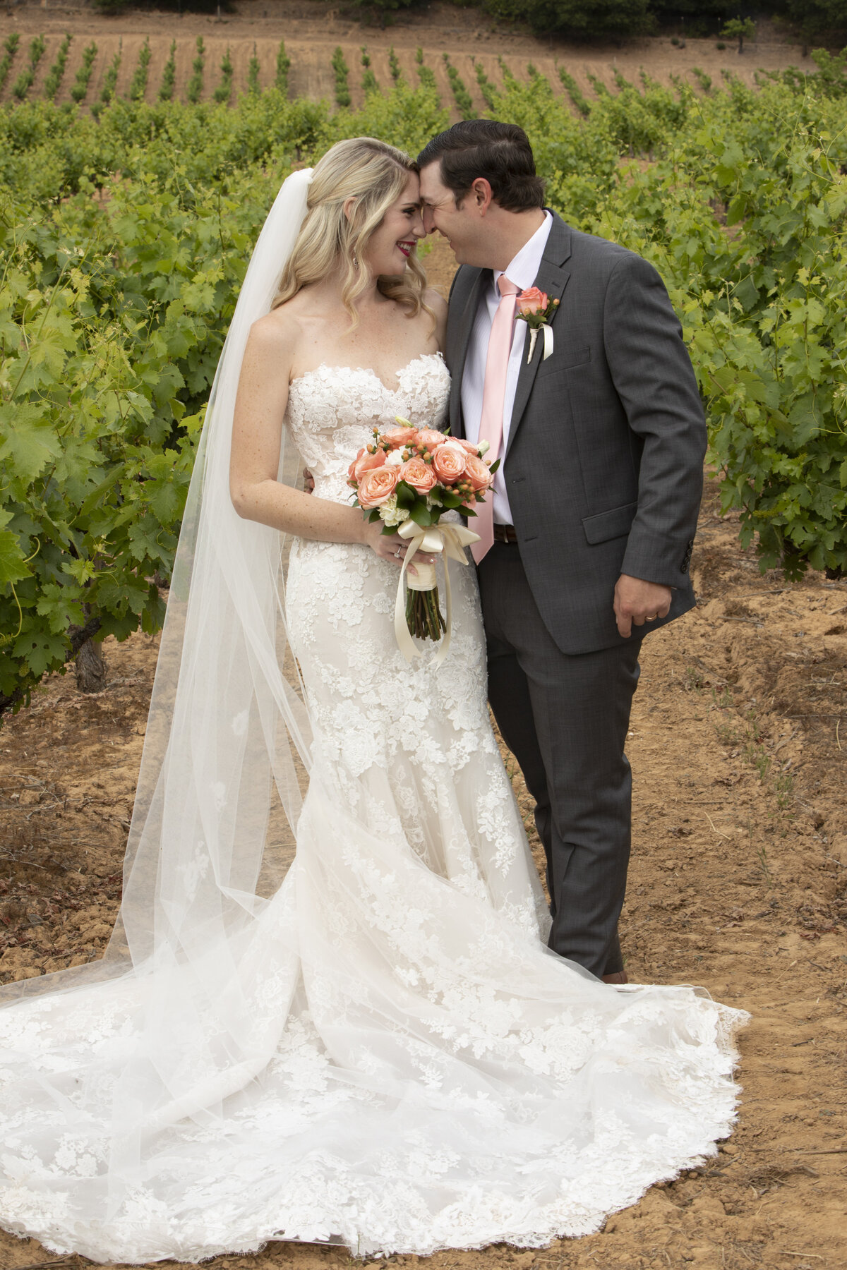 formal portrait of bride and groom in vineyards