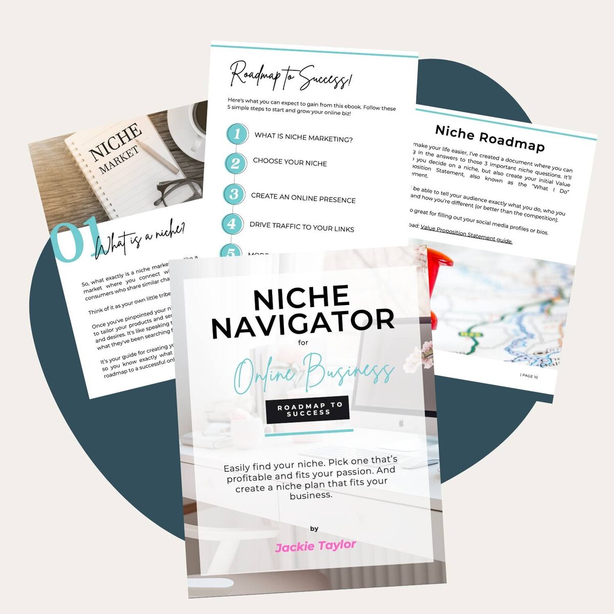 Captivating Content Bundle mockup on book cover with three pages from inside the bundle.