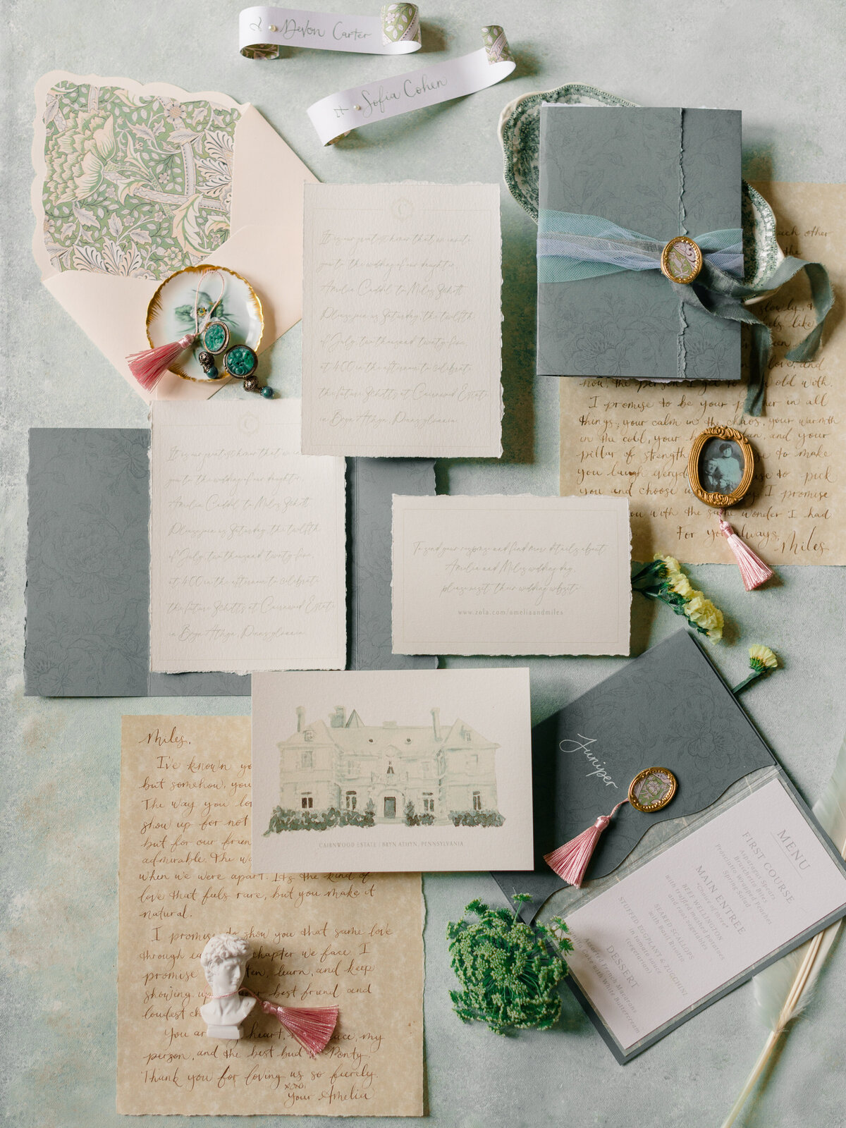 Cairnwood Editorial Invitation Flatlay by Elizabeth Kane Photography Philadelphia Fine Art Wedding Photographer