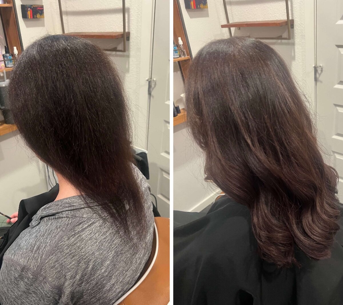 Before and After side by side photos to show transformation with keratin remy hair extensions.