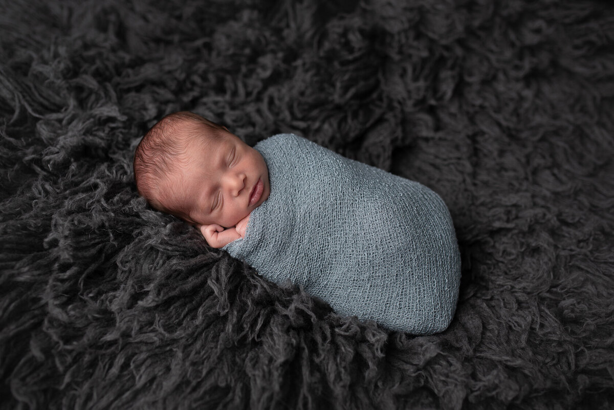 Wrapped newborn in grey furry background