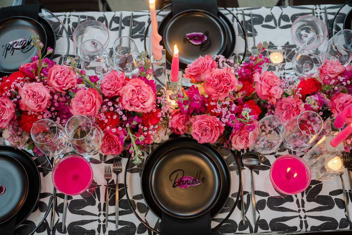 Black and pink wedding tablescape