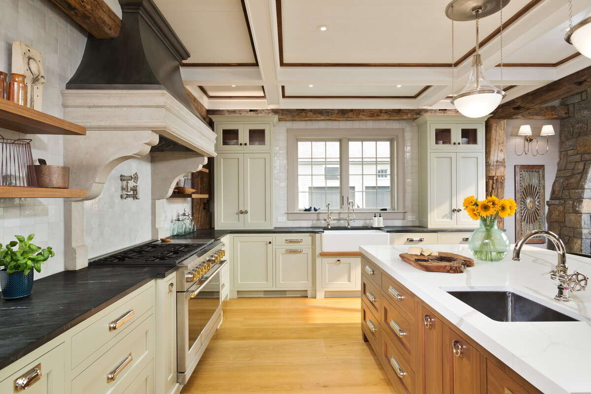 white kitchen with light wood accents