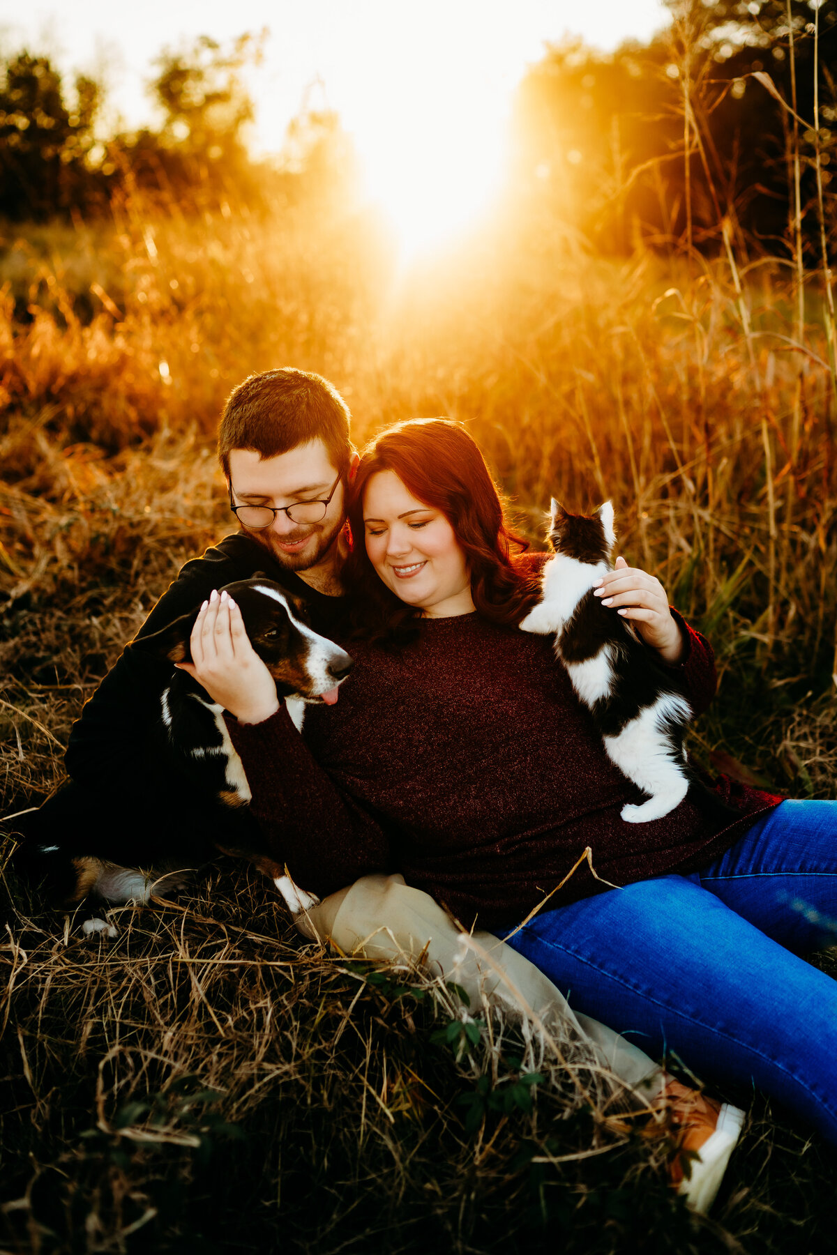couples and engagement poses with dogs and kitten at sunset in field in Lafayette, l