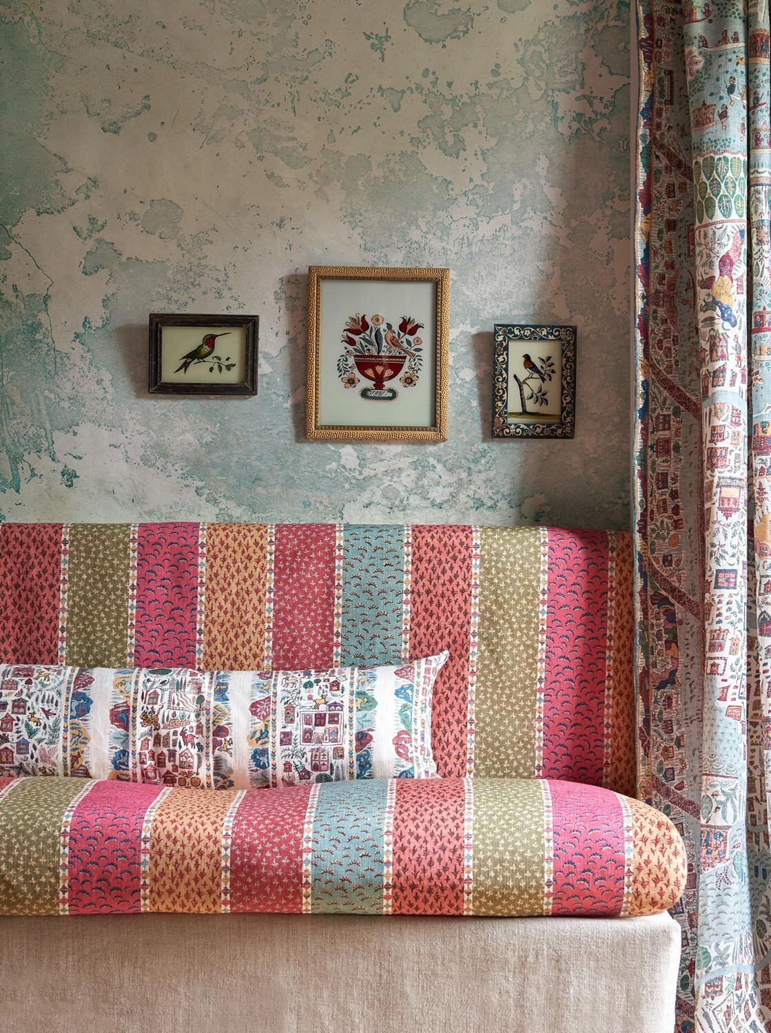 ASHA STRIPE Jaipur Spice Seat  - RAVI RIBBON Garland Cushion  - THE MAP Maxi Garland Curtain - Lewis and Wood