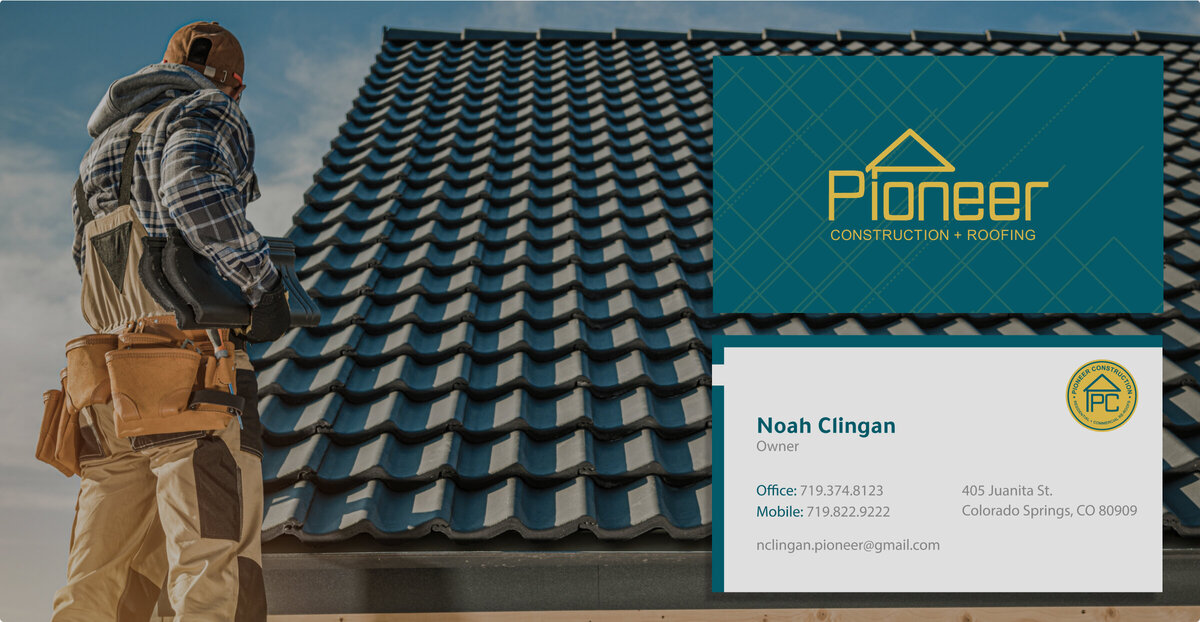 Front and back facing business card for Pioneer Construction as it floats on top of a background image of a man fixing a roof.