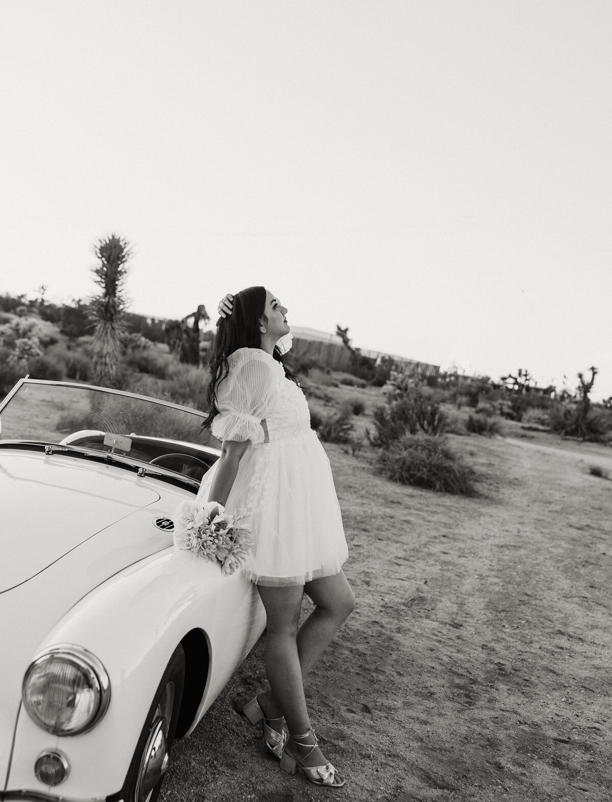joshua tree engagement session, car engagement session, short wedding dress