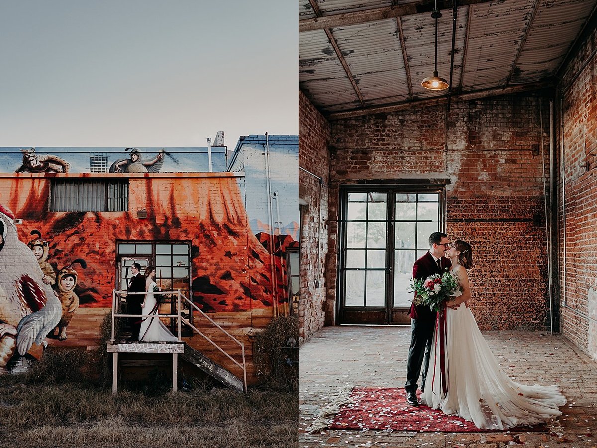 Bride and Groom elope in industrial brick  warehouse