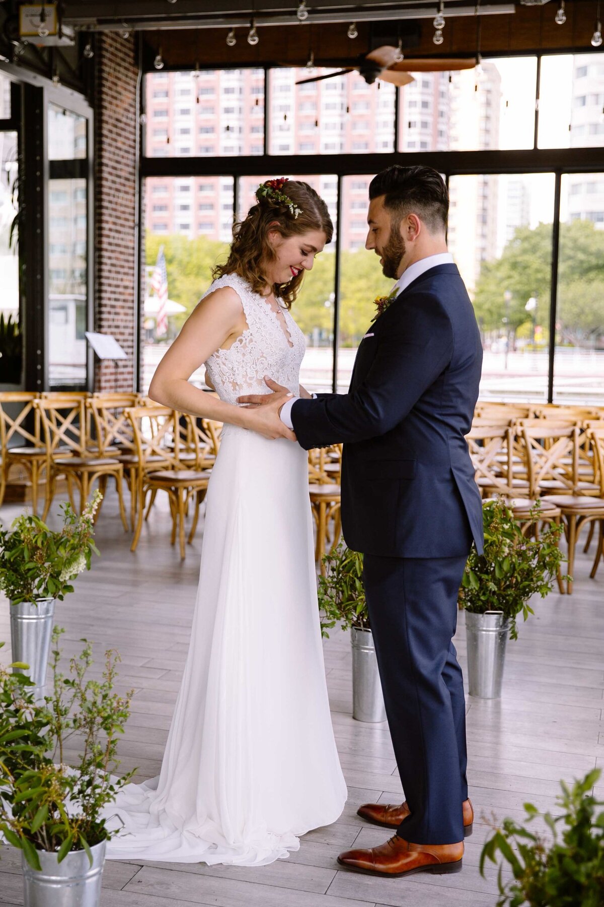 Jersey City-NYC Waterfront-Wedding-Venue-Battello-First Look-Kate Neal Photography-Karma Flowers