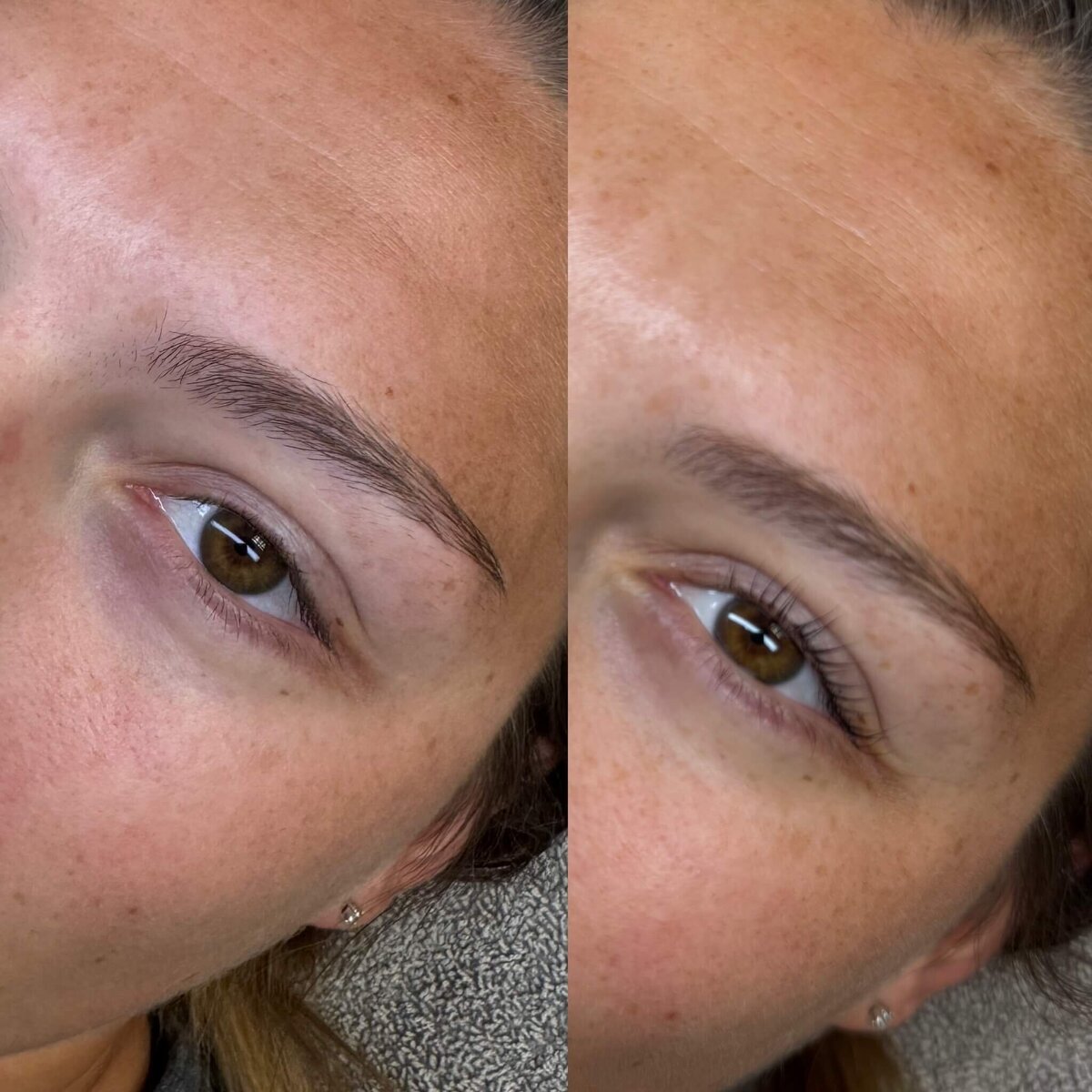 two images side by side showing a woman's eyelashes after she had a lash lift in Green Bay Wi